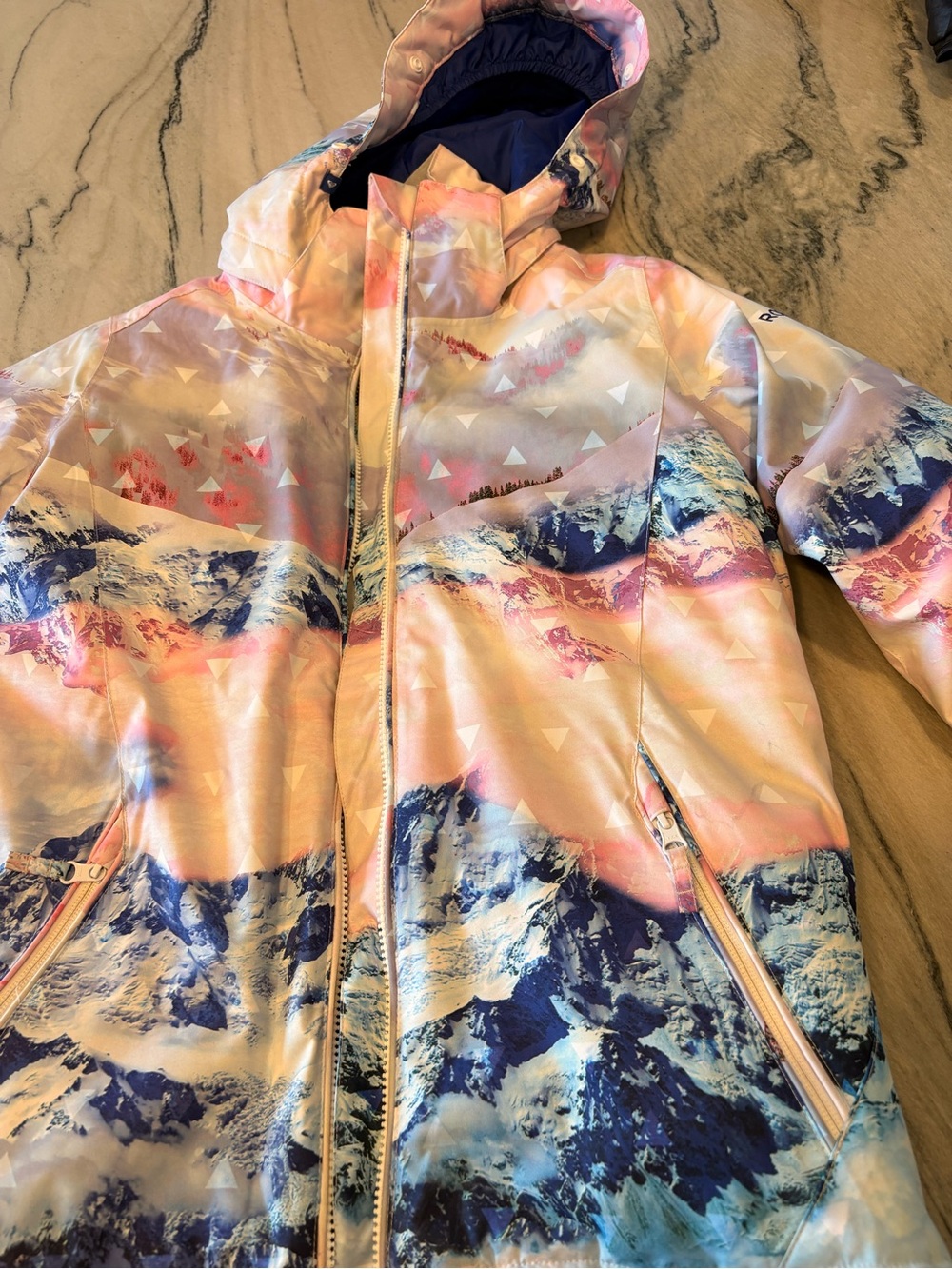 Roxy Girls' Pink and Blue Mountain-Print Hooded Winter Jacket